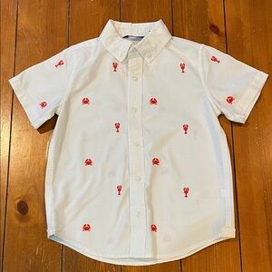 Janie and Jack White SS Button Down Embroidered Red Lobsters Crabs Size 6 EUC